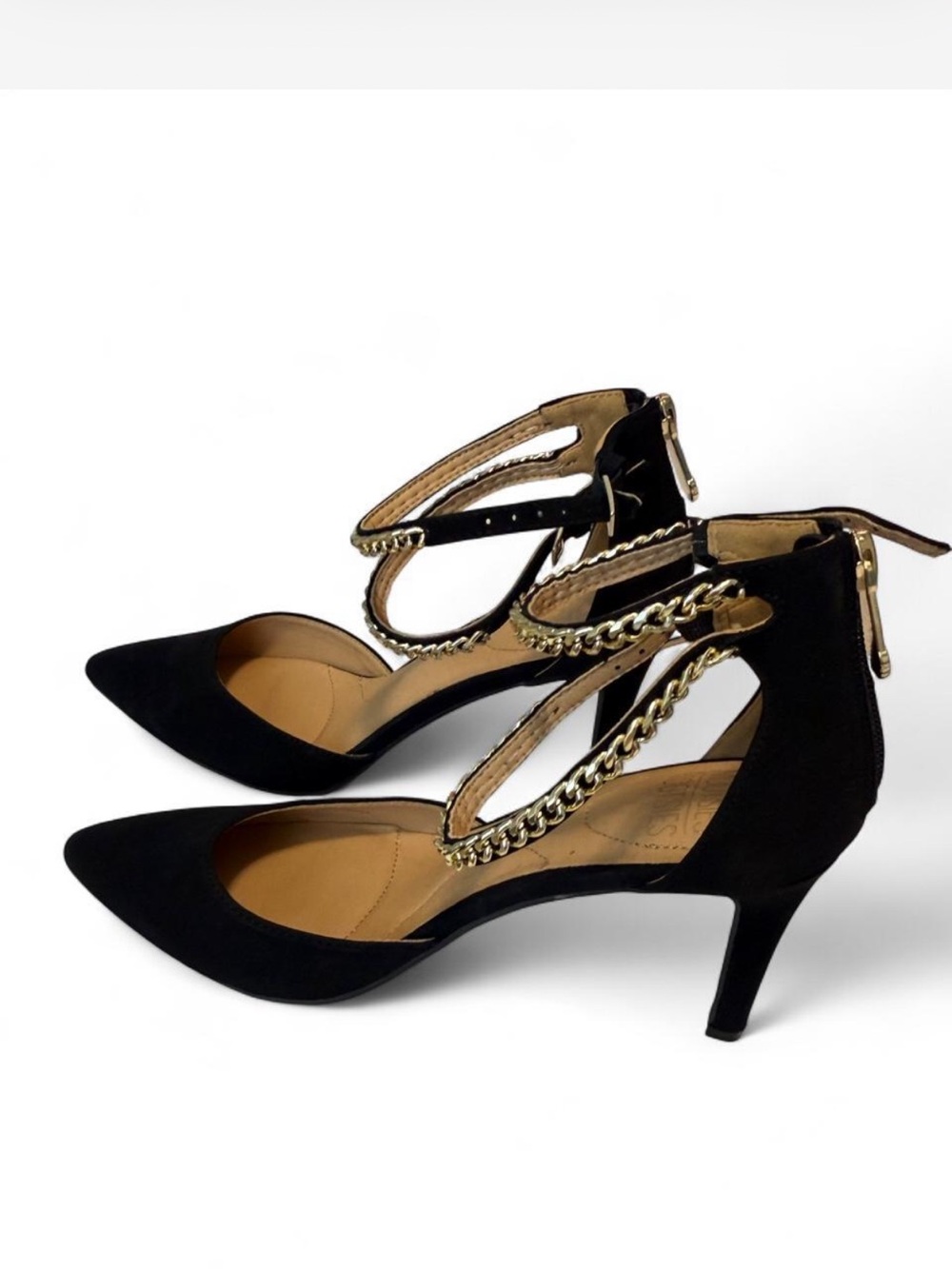 Mootsies Tootsies Black Pointed Kitten Heels with Gold Chain Straps